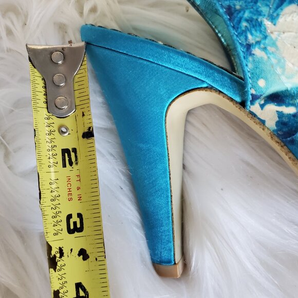 Rampage Primrose Blue Flower Print with Floral Embellishment Heels SZ 8 - Picture 12 of 14
